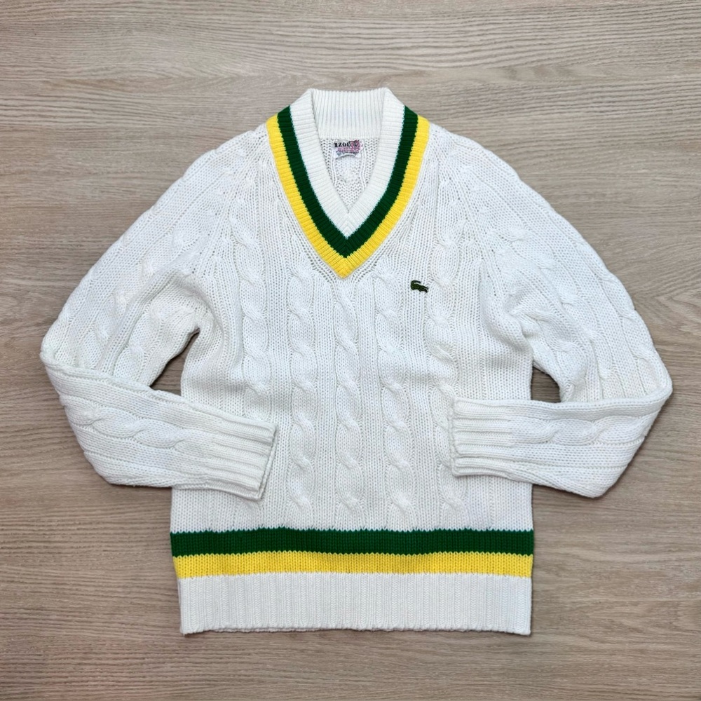 70s IZOD LACOSTE V-Neck Varsity Sweater - Ivory/Green/Gold • [Large]